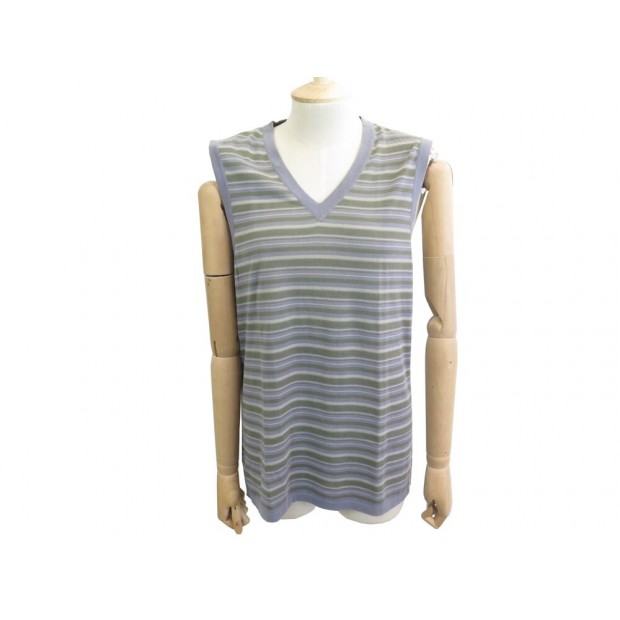 NEUF HAUT HERMES COL V SANS MANCHE 46 XL EN COTON BLEU ET VERT BLUE NEW TOP 700€