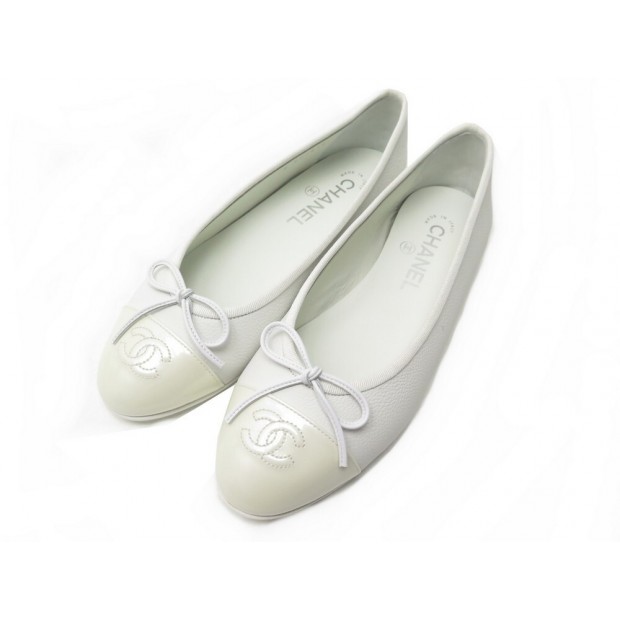 NEUF CHAUSSURES CHANEL BALLERINES LOGO CC A02819 37 EN CUIR BLANC BOITE NEW 790€