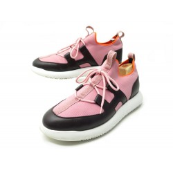 CHAUSSURES HERMES BASKETS DUEL 44 TOILE & CUIR ROSE + BOITE SNEAKERS SHOES 670€