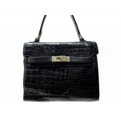 VINTAGE SAC A MAIN TYPE KELLY EN CUIR FACON CROCODILE NOIR BLACK HAND BAG PURSE