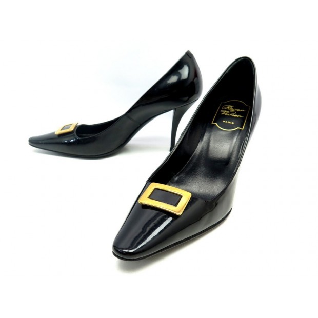 CHAUSSURES ROGER VIVIER ESCARPINS CHICQUETTES 36 CUIR VERNIS NOIR SHOES 460€