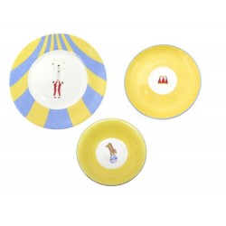 SET 3 PIECES HERMES LES JONGLEURS CIRCUS EN PORCELAINE JAUNE ASSIETTES ET BOL