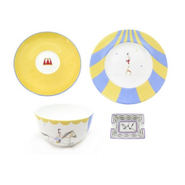 SET DE 4 PIECES HERMES CIRCUS EN PORCELAINE JAUNE ASSIETTES ET BOL + CENDRIER