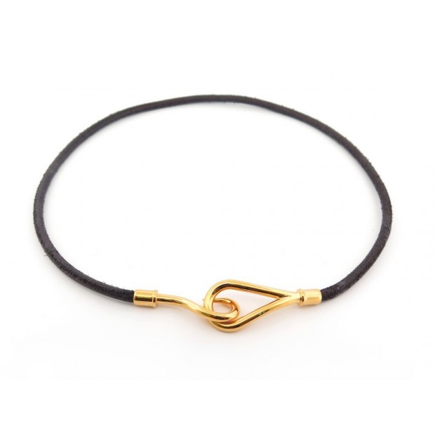 NEUF COLLIER HERMES JUMBO 40CM CUIR NOIR & PLAQUE OR BRACELET DOUBLE TOUR 270€