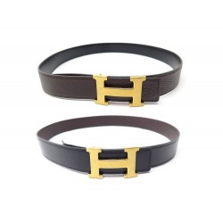 CEINTURE HERMES REVERSIBLE T80 CUIR BOX NOIR TOGO MARON BOUCLE H DORE BELT 710€