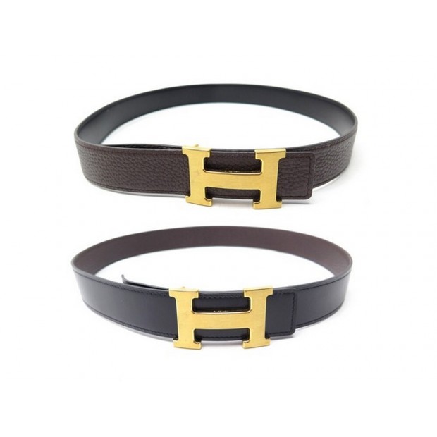 CEINTURE HERMES REVERSIBLE T80 CUIR BOX NOIR TOGO MARON BOUCLE H DORE BELT 710€