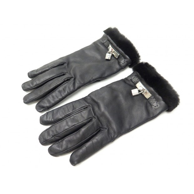 GANTS HERMES PRINCESSE CADENAS KELLY T7 CUIR NOIR & FOURRURE VISON GLOVES 1050€