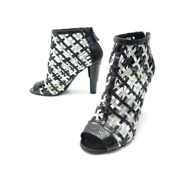 CHAUSSURES CHANEL BOTTINES CAGE TALONS TOURBILLONNANT 40 CUIR NOIR BOOTS 1230€