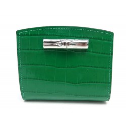 NEUF PORTEFEUILLE COMPACT LONGCHAMP ROSEAU CUIR IMPRIME CROCO VERT WALLET 165€