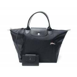 NEUF SAC A MAIN LONGCHAMP LE PLIAGE CLUB M TOILE NOIR PORTE CARTES CUIR BAG 215€