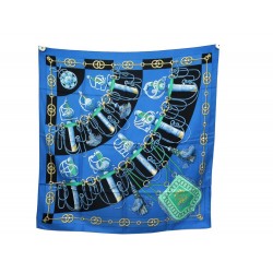 FOULARD HERMES CLIQUETIS ABADIE CARRE 90 EN SOIE BLEU + BOITE SILK SCARF 410€