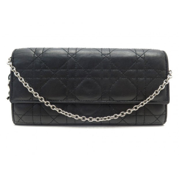 PORTEFEUILLE CHRISTIAN DIOR LADY RENDEZ VOUS CUIR CANNAGE NOIR WALLET WOC 760€