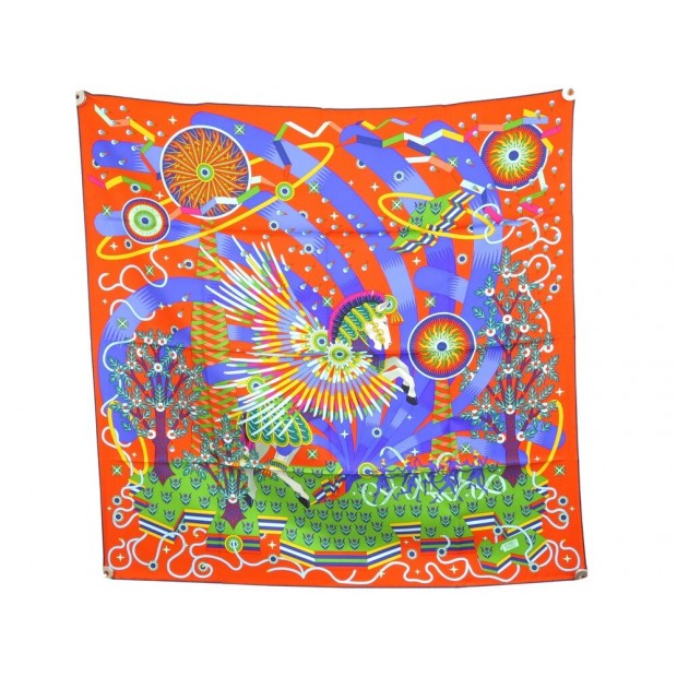 NEUF FOULARD HERMES LA SOURCE DE PEGASE 90 CM EN SOIE ORANGE SILK SCARF 410€
