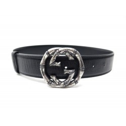 NEUF CEINTURE GUCCI 114868 BOUCLE BAMBOO GG METAL VIEILLI 75 CUIR NOIR BELT 440€