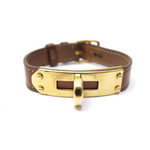 VINTAGE BRACELET HERMES KELLY CUIR MARRON & DORE 13 A 17 CM BROWN LEATHER 390€