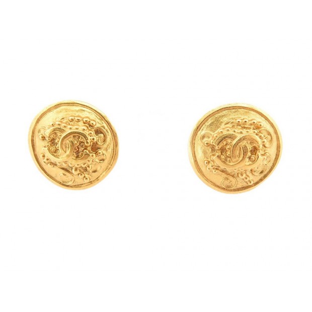 NEUF VINTAGE BOUCLES D'OREILLES RONDES CHANEL LOGO CC 1996 NEW GOLDEN EARRINGS