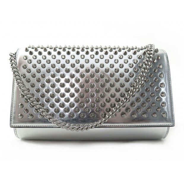 NEUF SAC A MAIN CHRISTIAN LOUBOUTIN PALOMA CLUTCH SPIKE CUIR ARGENTE BAG 1190€