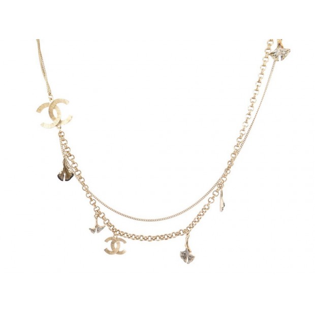 NEUF COLLIER CHANEL SAUTOIR LOGO CC & FEUILLES GINKO DORE + BOITE NECKLACE 1790€