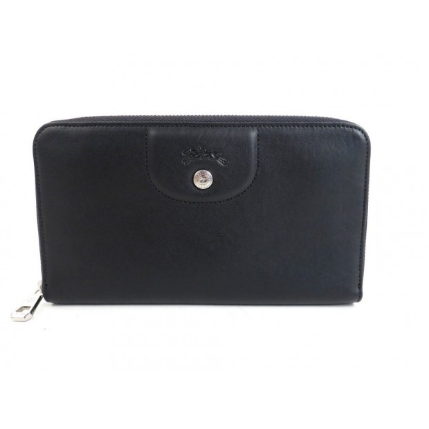 NEUF PORTEFEUILLE LONGCHAMP LE PLIAGE CUIR NOIR LEATHER WALLET BILLFOLD 215€