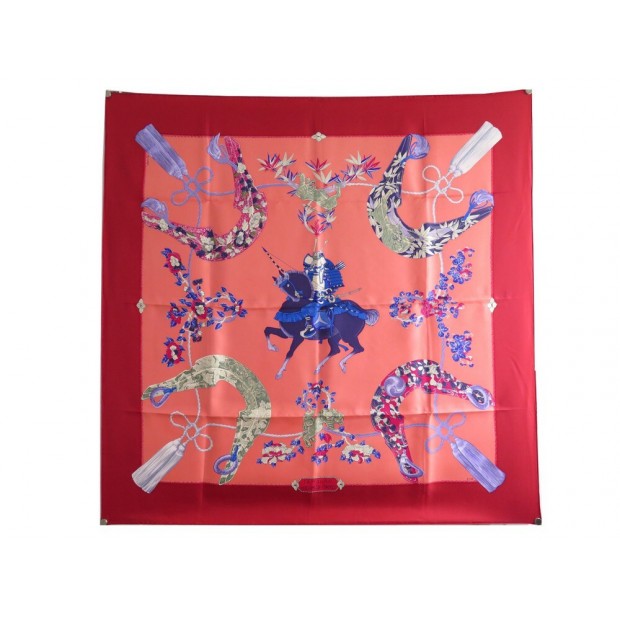 FOULARD HERMES SAMOURAI PAUWELS CARRE 90 EN SOIE ROUGE + BOITE SILK SCARF 410€