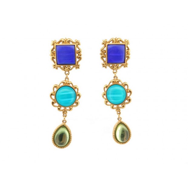 VINTAGE BOUCLES D'OREILLES YVES SAINT LAURENT PENDANTES METAL DORE EARRINGS 695€