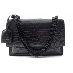 NEUF SAC A MAIN YVES SAINT LAURENT SUNSET M 442906 CUIR CROCO NOIR NEW BAG 2100€