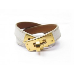 BRACELET HERMES KELLY DOUBLE TOUR M 17CM CUIR BLANC & DORE LEATHER BAGLE 480€