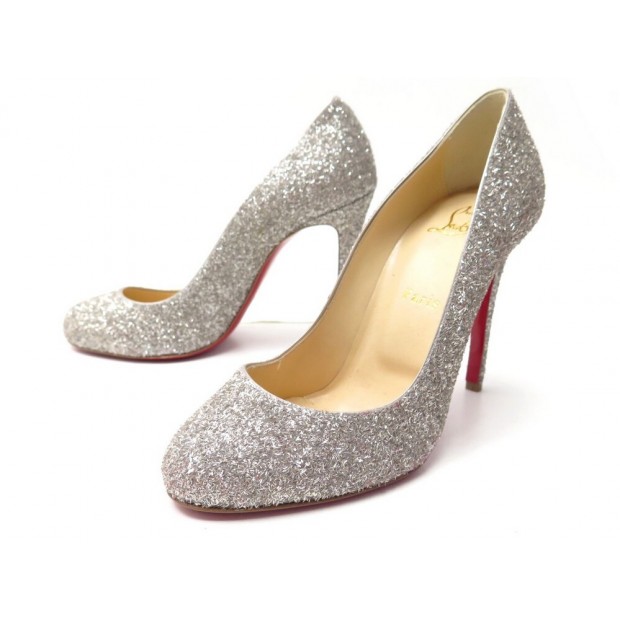 NEUF CHAUSSURES CHRISTIAN LOUBOUTIN ESCARPINS FIFI 38 PAILLETTES ARGENTE 575€