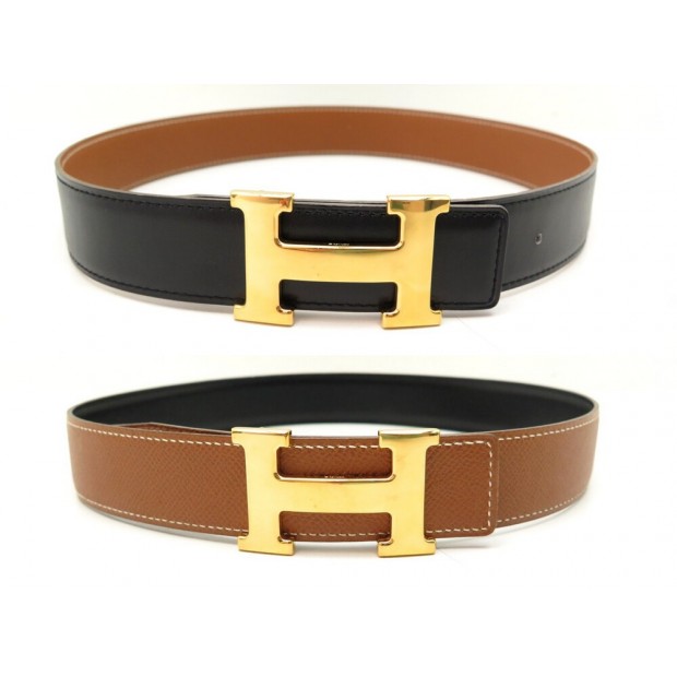 CEINTURE HERMES REVERSIBLE 32MM T65 CUIR NOIR & GOLD BOUCLE H DORE BELT 660€