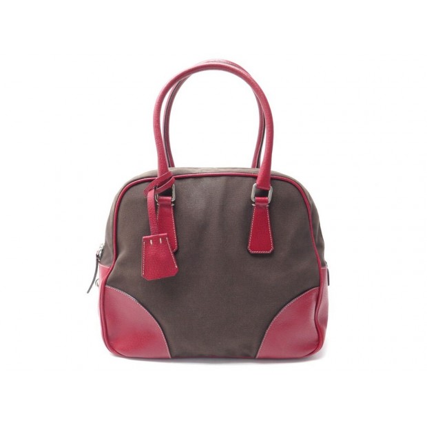 SAC A MAIN PRADA BOWLER EN TOILE MARRON & CUIR ROUGE BOWLING HAND BAG 1165€