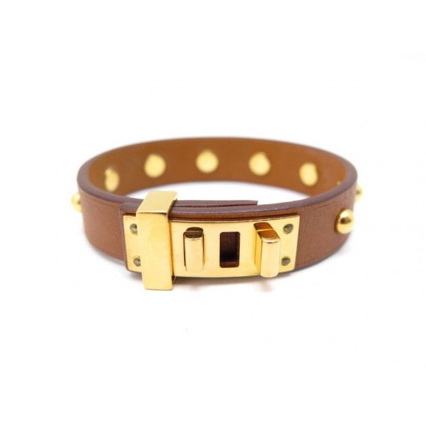 BRACELET HERMES MINI DOG CLOUS RONDS 15CM T1 EN CUIR CAMEL + BOITE LEATHER 460€