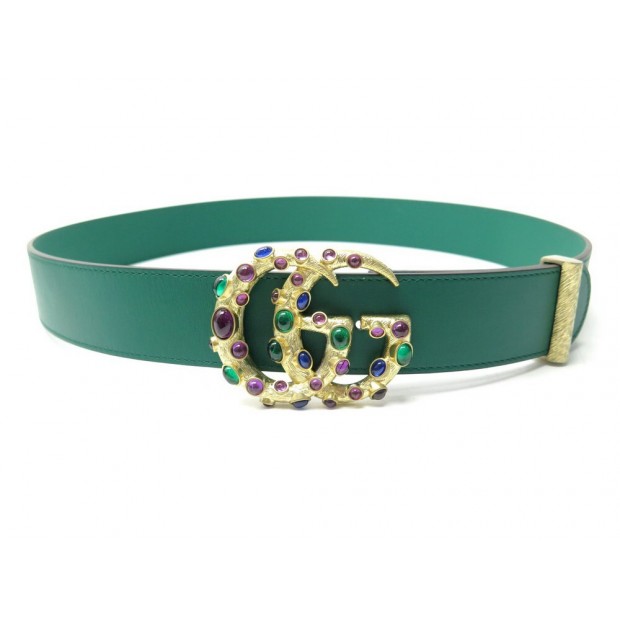 NEUF CEINTURE GUCCI BOUCLE GG CRYSTAL 600630 T100 EN CUIR VERT PIERRES BELT 600€