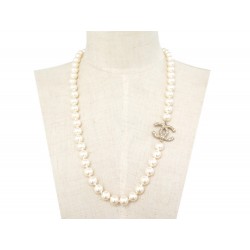 NEUF COLLIER CHANEL LOGO CC & PERLES SAUTOIR 70 CM EN METAL DORE NECKLACE 1290€