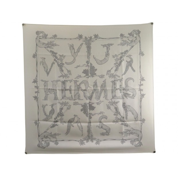 NEUF RARE FOULARD HERMES ALPHABET III FAIVRE 90 CM SOIE BLANC & GRIS SCARF 410€