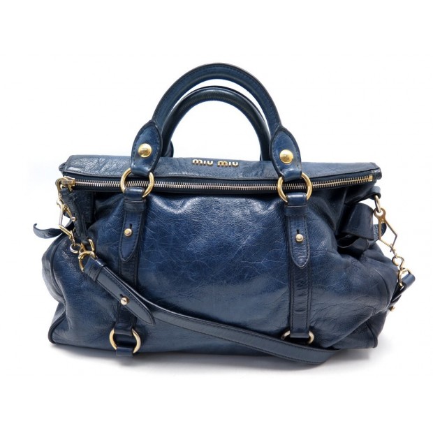 SAC A MAIN MIU MIU BOW 39CM EN CUIR BLEU BANDOULIERE BLUE LEATHER HAND BAG 1475€