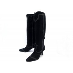 CHAUSSURES HERMES BOTTES TSAR 38.5 EN DAIM & CUIR NOIR DEER LEATHER BOOTS 1550€