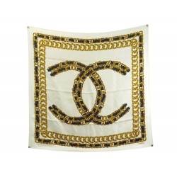 FOULARD CHANEL LOGO CC EN SOIE ECRUE CHAINE ET CUIR CARRE 90 CM SILK SCARF 450€