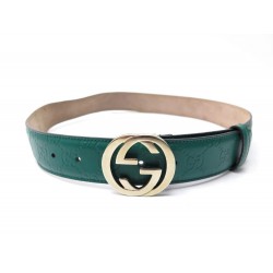 CEINTURE GUCCI SIGNATURE 370543 85 CM EN CUIR VERT GREEN LEATHER BELT 450€