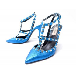 CHAUSSURES VALENTINO ROCKSTUD ESCARPINS 39 IT 40 FR CUIR GRAINE BLEU SHOES 790€