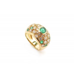 BAGUE JONC T45 OR JAUNE 18K 7GR SERTIE 30 DIAMANTS 0.75T 9 EMERAUDES GOLD RING