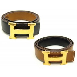 CEINTURE HERMES BOUCLE H DORE LIEN REVERSIBLE 32 MM 90 CUIR BOX NOIR BELT 710€