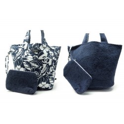 NEUF SAC A MAIN CHANEL TERRY BEACH TOTE CC PLAGE COTON BLEU MARINE + POCHETTE