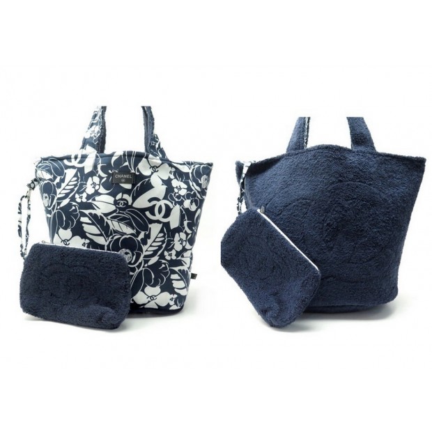 NEUF SAC A MAIN CHANEL TERRY BEACH TOTE CC PLAGE COTON BLEU MARINE + POCHETTE