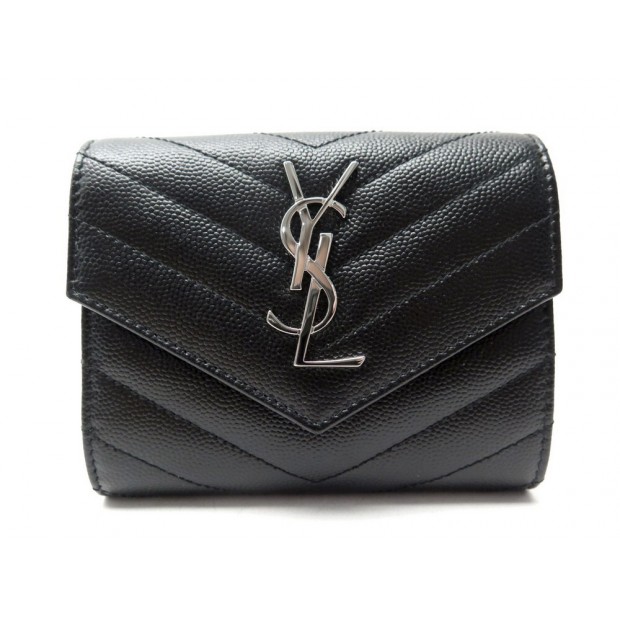 NEUF PORTEFEUILLE SAINT LAURENT CASSANDRE COMPACT 403943 CUIR GRAINE NOIR 475€