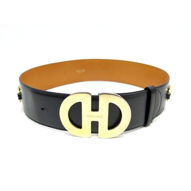 VINTAGE CEINTURE CELINE CUIR NOIR 70 CM METAL DORE BOUCLE LOGO LEATHER BELT