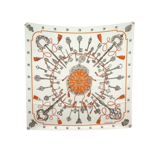 NEUF FOULARD HERMES LES CLES LATHAM CARRE 90 EN SOIE BLANC WHITE SILK SCARF 410€