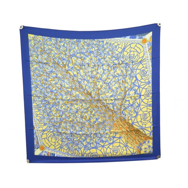 NEUF FOULARD HERMES AXIS MUNDI DETAILS CHRISTINE HENRY SOIE BLEUE NEW SCARF 410€