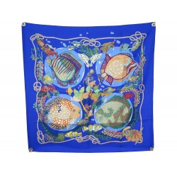 NEUF FOULARD HERMES GRANDS FONDS FAIVRE CARRE 90 EN SOIE BLEUE SILK SCARF 410€