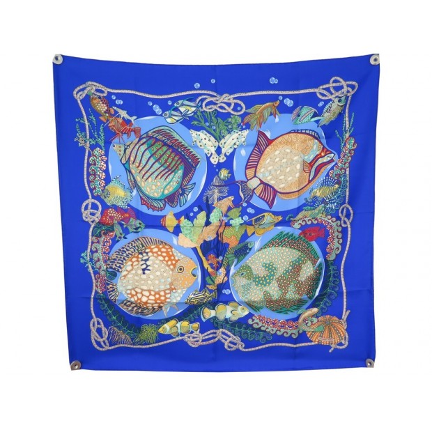 NEUF FOULARD HERMES GRANDS FONDS FAIVRE CARRE 90 EN SOIE BLEUE SILK SCARF 410€