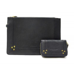 NEUF LOT JEROME DREYFUSS PORTE MONNAIE HENRI + POCHETTE POPOCHE M CUIR NOIR 320€